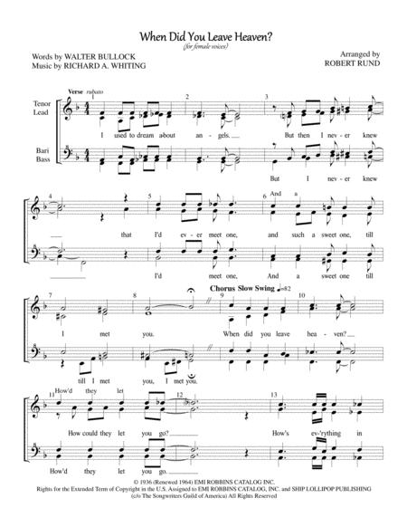 When Did You Leave Heaven Ssaa Barbershop Arr Robert Rund Sheet Music