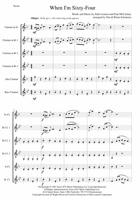 Free Sheet Music When I M Sixty Four For Clarinet Sextet Or Clarinet Choir