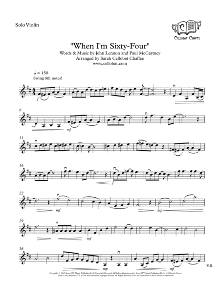 When I M Sixty Four Solo Violin The Beatles Arr Cellobat Sheet Music