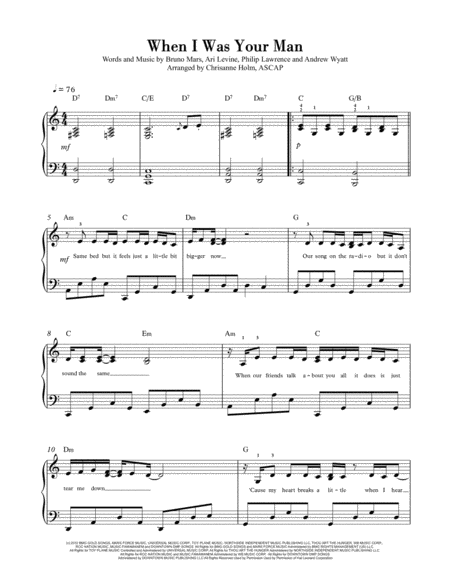 When I Was Your Man By Bruno Mars Piano Solo For Intermediates Arranged By Chrisanne Holm Ascap Sheet Music