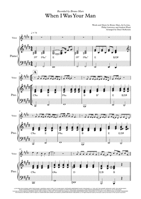 Free Sheet Music When I Was Your Man Piano And Vocal Key Of E