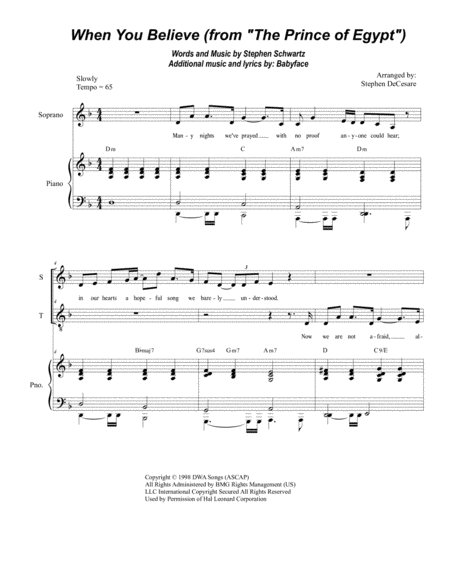 Free Sheet Music When You Believe From The Prince Of Egypt For 2 Part Choir Sop Ten