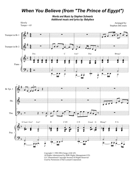 Free Sheet Music When You Believe From The Prince Of Egypt For Brass Quartet