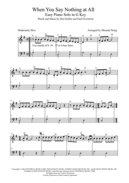 When You Say Nothing At All Easy Piano Solo In G Key With Chords Sheet Music