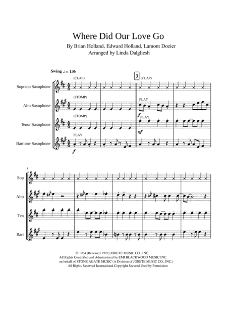 Where Did Our Love Go Saxophone Quartet Satbar Sheet Music