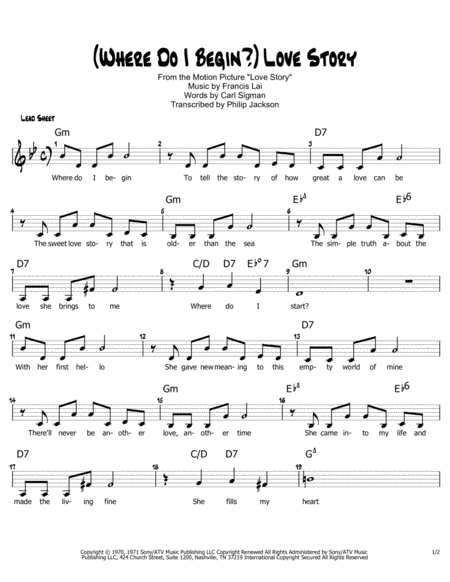 Free Sheet Music Where Do I Begin Love Story