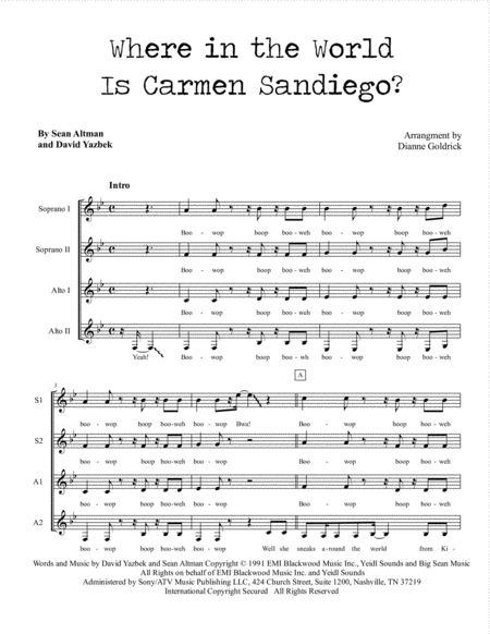 Free Sheet Music Where In The World Is Carmen Sandiego Ssaa A Cappella