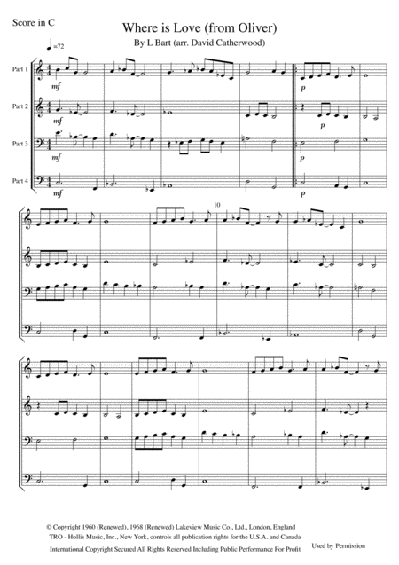 Free Sheet Music Where Is Love From Oliver Arranged For Quartet Brass Or String By David Catherwood