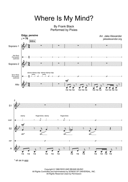 Free Sheet Music Where Is My Mind Ssa