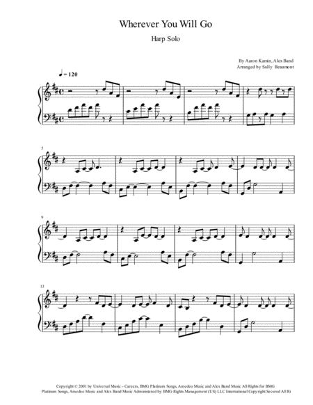 Wherever You Will Go The Calling Harp Solo Sheet Music