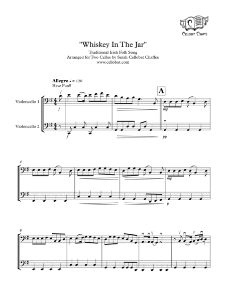 Whiskey In The Jar Cello Duet Traditional Irish Arr Cellobat Sheet Music