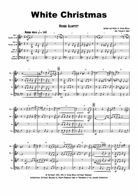 White Christmas Bossa Nova Brass Quartet Sheet Music