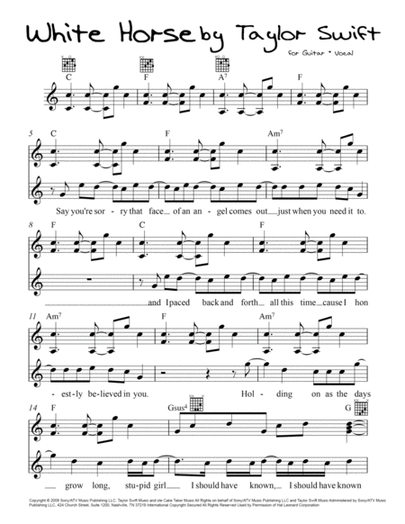 White Horse For Guitar And Vocal By Taylor Swift Sheet Music