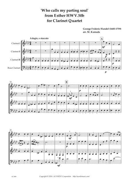 Who Calls My Parting Soul For Clarinet Quartet From Esther Hwv 50b Sheet Music