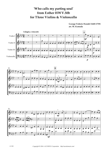 Who Calls My Parting Soul For Three Violons Violoncello From Esther Hwv 50b Sheet Music