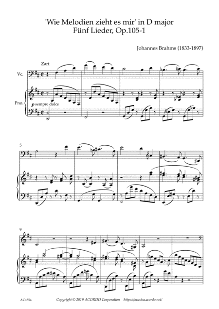 Wie Melodien Zieht Es Mir It Moves Like A Melody Op 105 1 In D Major For Violoncello Piano Sheet Music