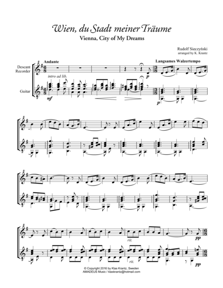 Free Sheet Music Wien Du Stadt Meiner Trume For Recorder And Guitar