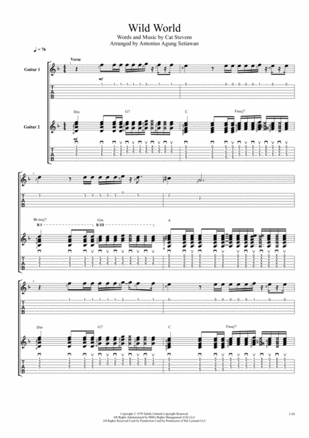 Free Sheet Music Wild World Duet Guitar Tablature