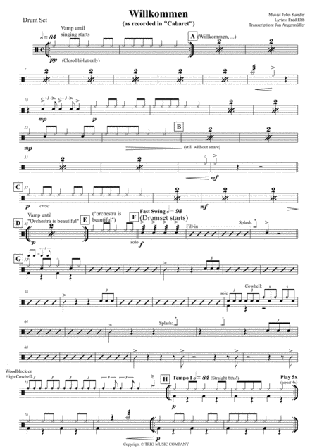 Willkommen From Cabaret Transcription Of The Original Drum Set Part Sheet Music