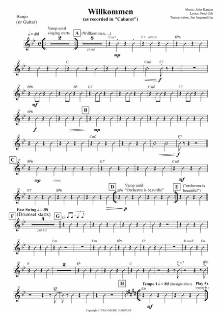 Willkommen From Cabaret Transcription Of The Original Guitar Banjo Part Sheet Music