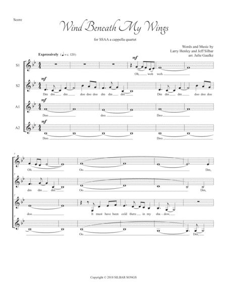 Wind Beneath My Wings Ssaa A Cappella Quartet Sheet Music