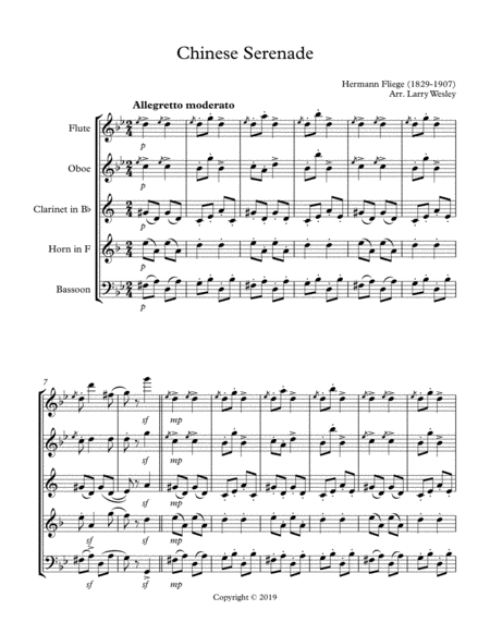 Free Sheet Music Wind Quintet Chinese Serenade