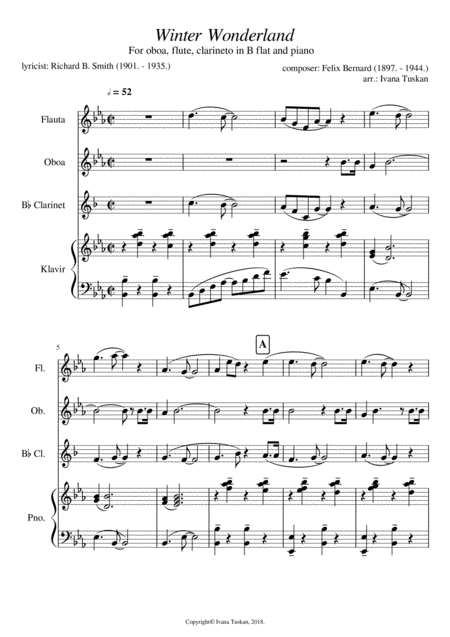 Winter Wonderland For Flute Oboe Clarineto In Bflat And Piano Sheet Music