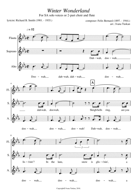 Winter Wonderland For Sa Solo Voices Or 2 Part Choir And Flute Sheet Music