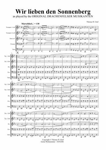 Free Sheet Music Wir Lieben Den Sonnenberg German Polka Oktoberfest Brass Quintet