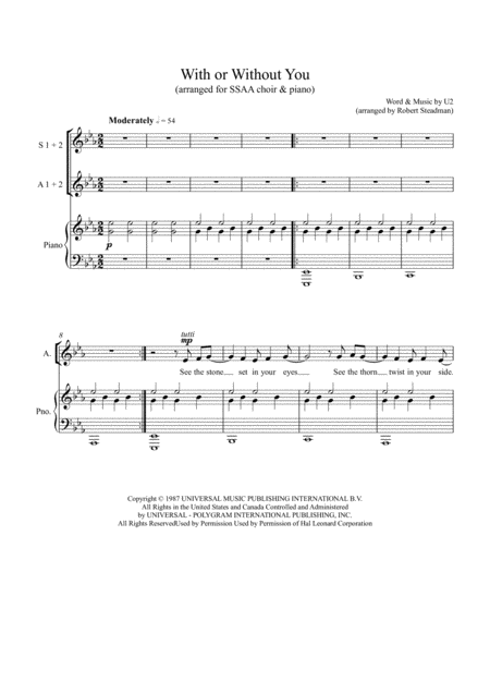 With Or Without You U2 Ssaa Choir Sheet Music