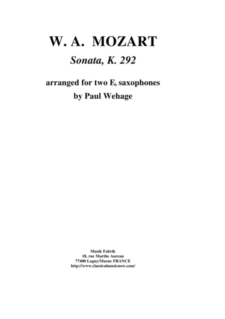 Wolfgang Amadeus Mozart Sonata In Bb K 292 For Two Eb Saxophones Sheet Music