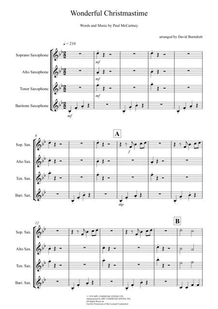 Wonderful Christmastime For Saxophone Quartet Sheet Music