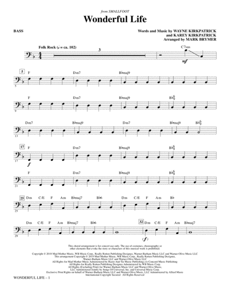 Free Sheet Music Wonderful Life From Smallfoot Arr Mark Brymer Bass