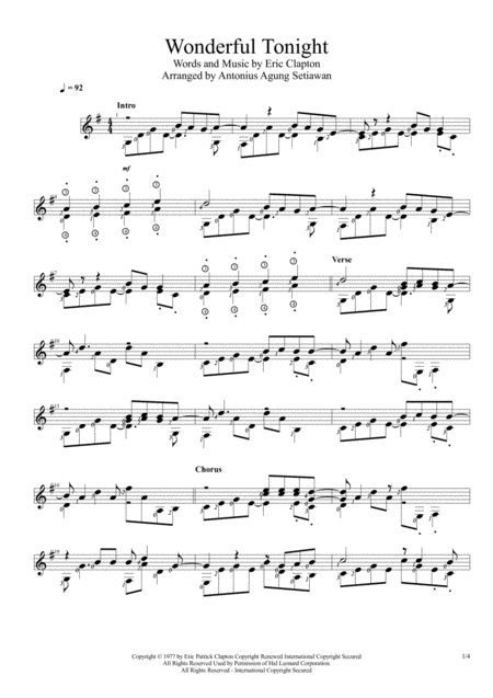 Wonderful Tonight Solo Guitar Score Sheet Music