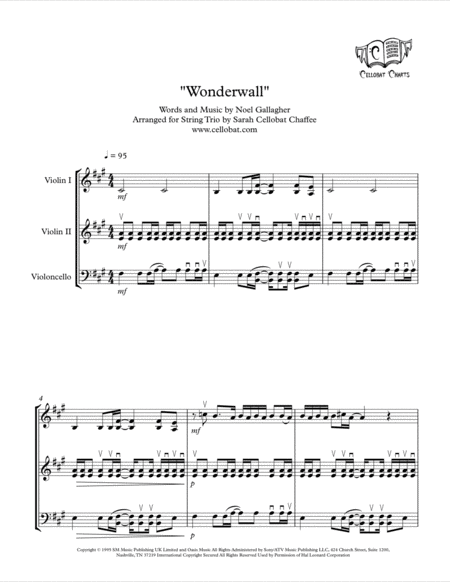 Wonderwall String Trio 2 Violins Cello Oasis Arr Cellobat Sheet Music