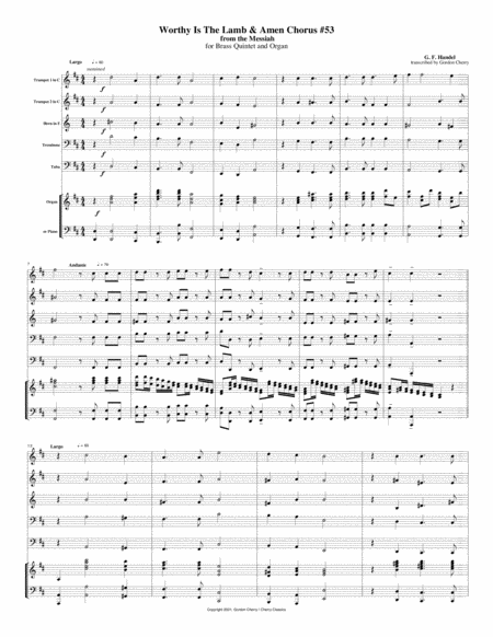 Free Sheet Music Worthy Is The Lamb Amen Chorus From The Messiah For Brass Quintet Organ