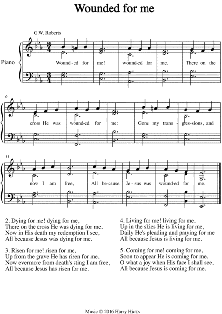 Free Sheet Music Wounded For Me A New Tune To A Wonderful Old Hymn