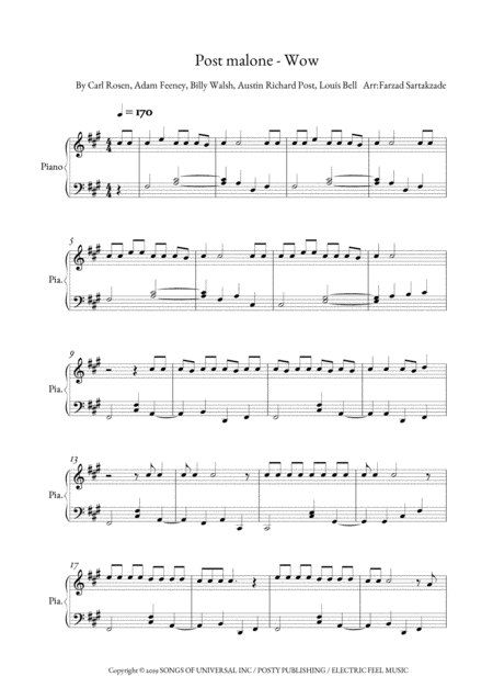 Wow Post Malone For Piano Solo Sheet Music