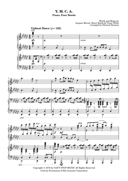 Free Sheet Music Y M C A Concert Arrangement For Piano Duet