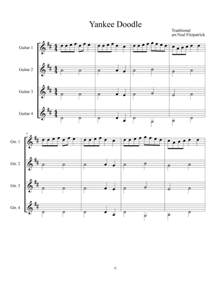 Yankee Doodle For Guitar Quartet Sheet Music