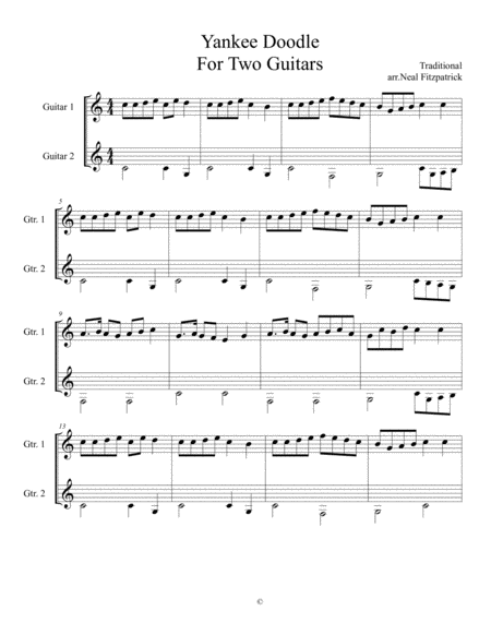 Free Sheet Music Yankee Doodle For Two Guitars