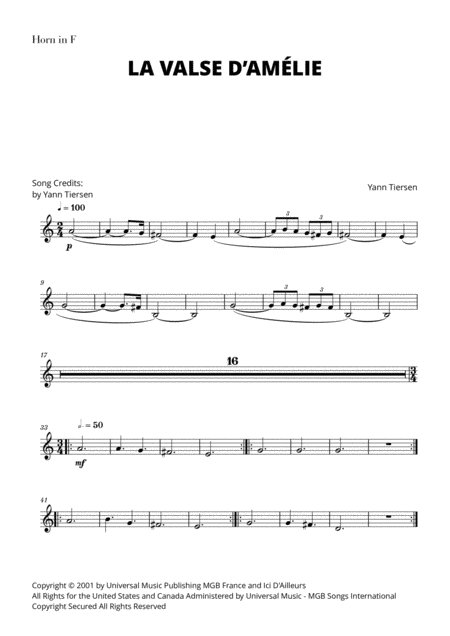 Free Sheet Music Yann Tiersen La Valse D Amlie For French Horn