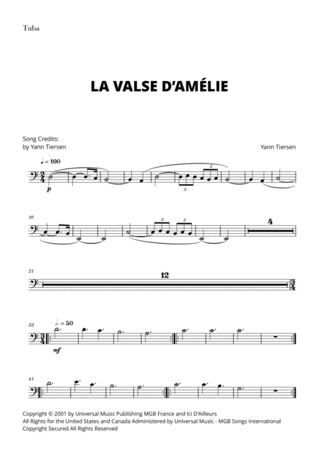 Free Sheet Music Yann Tiersen La Valse D Amlie For Tuba