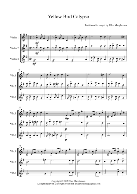 Free Sheet Music Yellow Bird Calypso Violin Trio