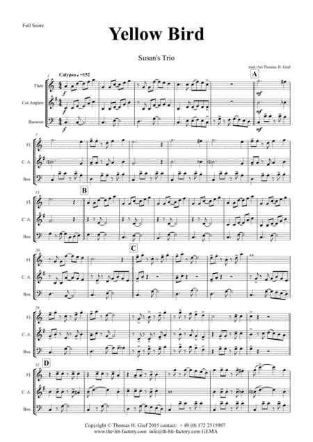 Free Sheet Music Yellow Bird Haitian Folk Song Calypso Wind Trio