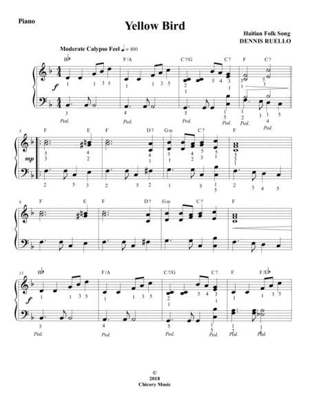Free Sheet Music Yellow Bird Haitian Folk Song Intermediate Piano Solo