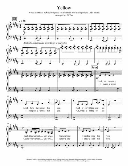 Yellow By Coldplay Piano Version Sheet Music