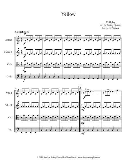 Yellow For String Quartet Sheet Music