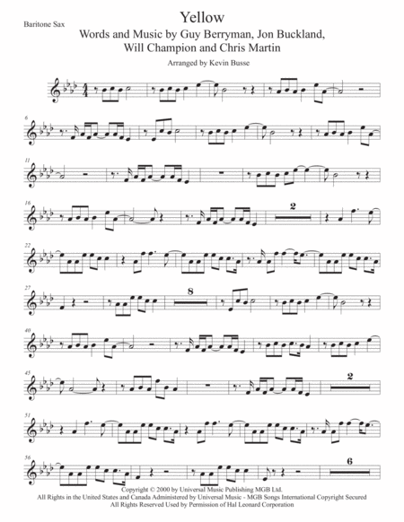 Yellow Original Key Bari Sax Sheet Music