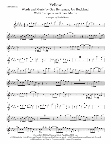 Free Sheet Music Yellow Original Key Soprano Sax